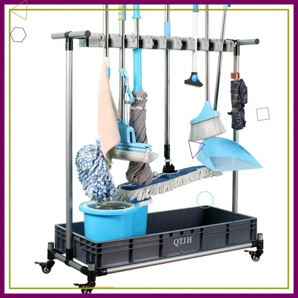 

Commercial Mop Rack with Wheels, Movable Broom Holder for Garage Storage, Rust-Proof Cleaning Cart Organizer