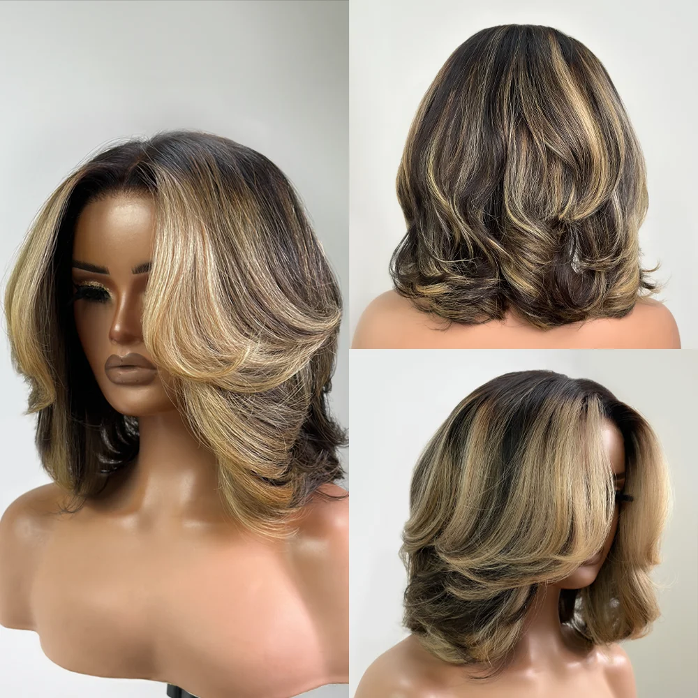 Layered Glueless Bob Wigs Brown Blonde Highlight 5X5 Silk Top Lace Closure Wigs Brazilian Honey Blonde Black bob Lace Front Wig