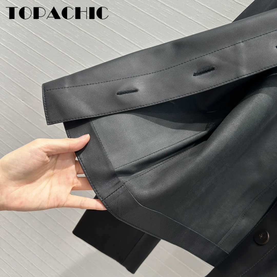 TOPACHIC-Chaqueta corta de piel de oveja para mujer, Abrigo recto de manga larga con solapa, empalmado, 7,13