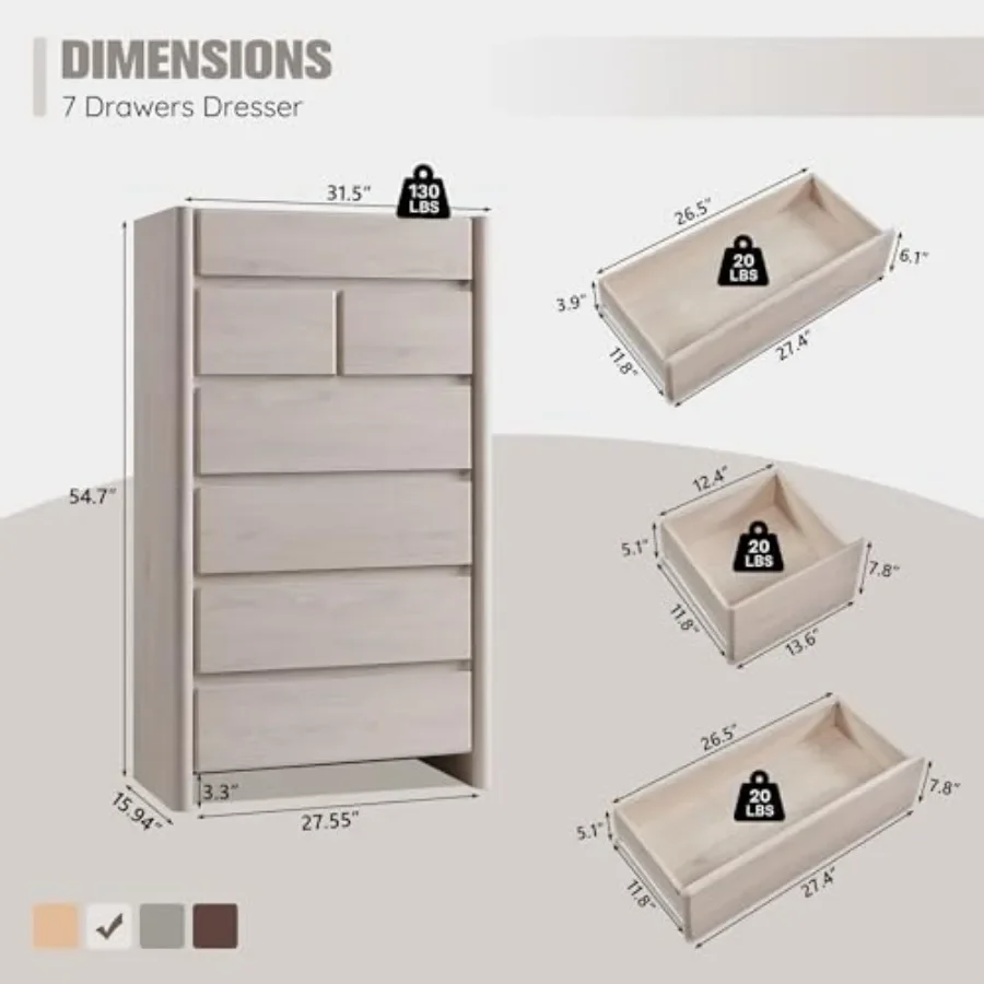 Modern 7-drawer bedroom dresser, engineered wood, white, spacious storage with smooth-gliding drawers and sleek minimalist desi