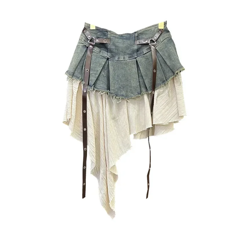 Retro Splicing Denim Pleated Skirt Women's Summer New Temperament Girl Fashionable High Waist A Line Skirt Denim Skirt 2025