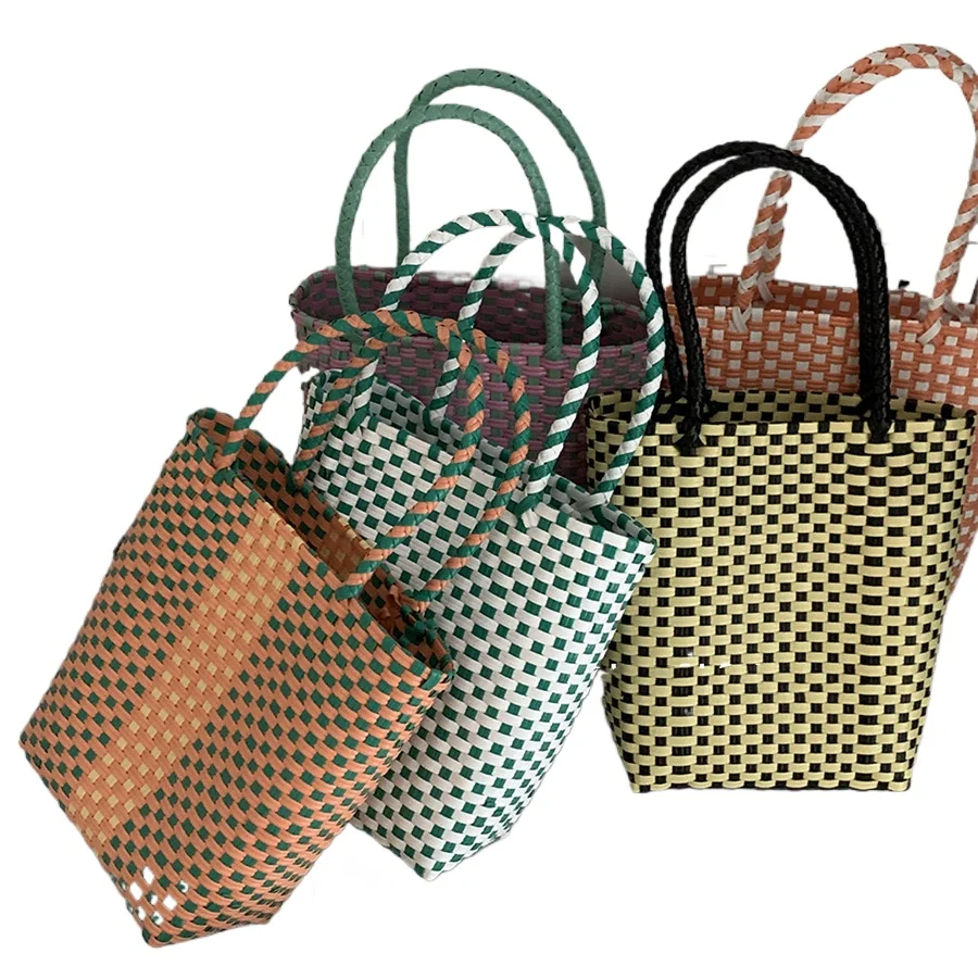 Plastic PP Hand Woven Beach Bag Vegetable Basket Bags Straw Shopping Tote Carry Handbag