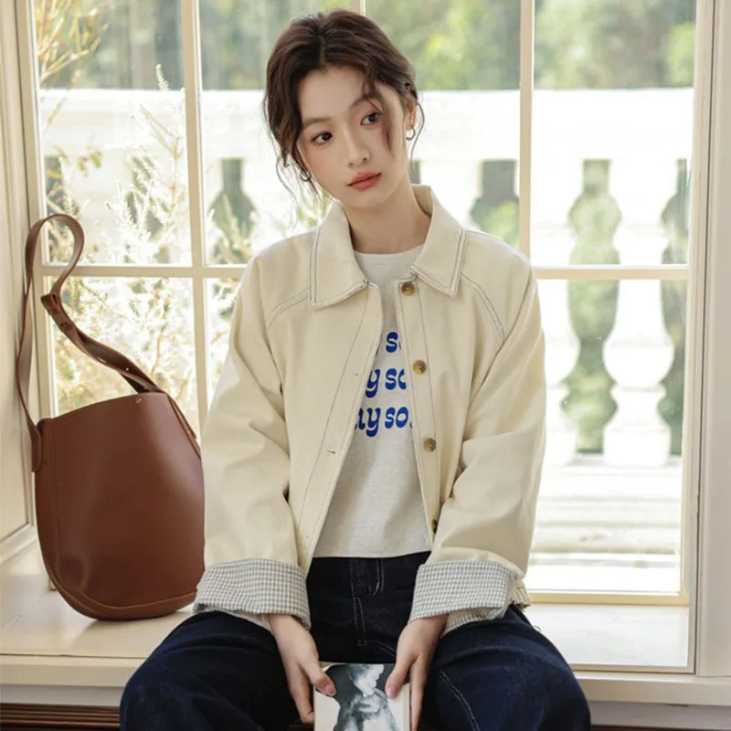 

2026 Spring New Style Korean Designated Drawstring White Denim Coat for Women Long Sleeve Versatile Jacket