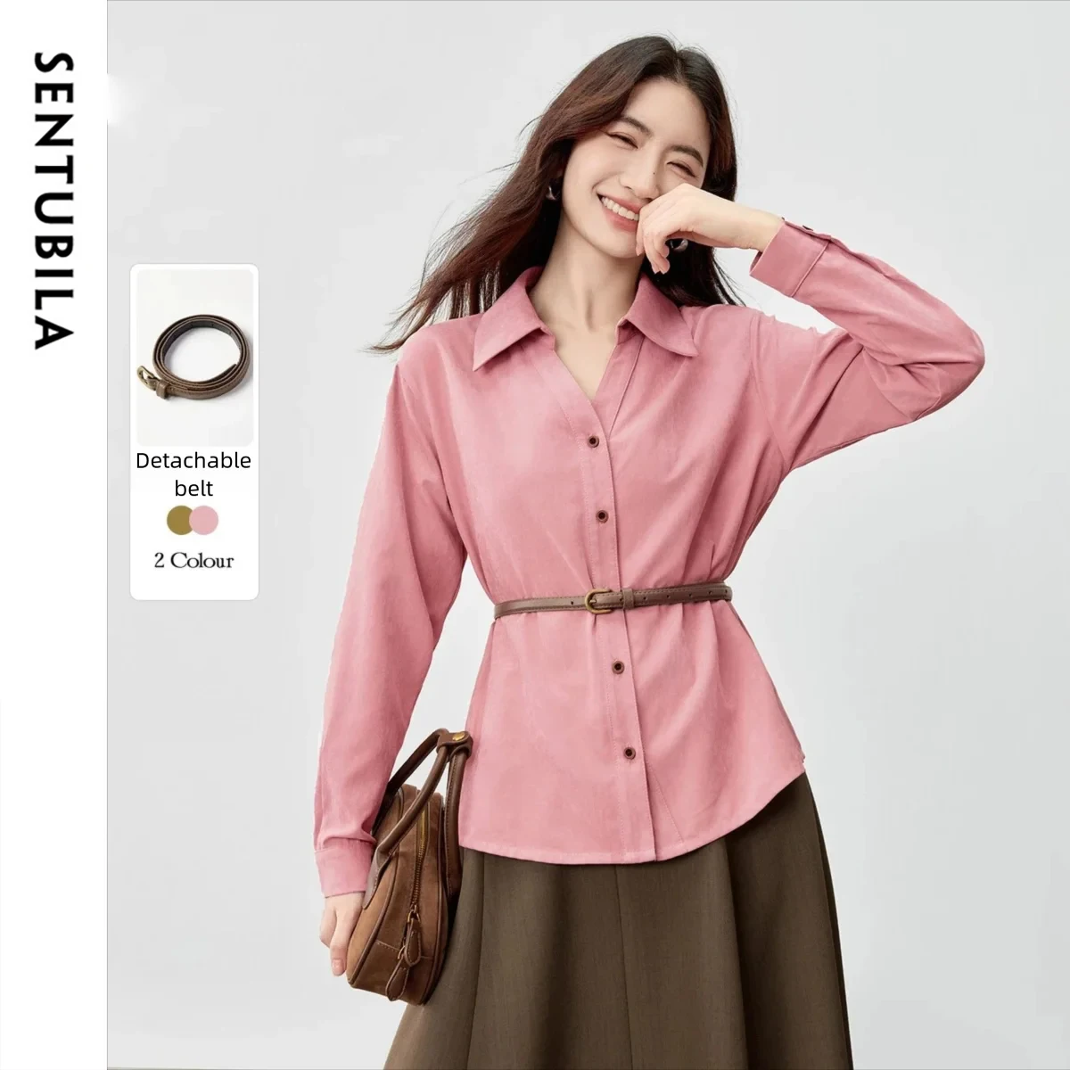 

SENTUBILA Long-sleeved Leather Velvet Shirt Women's Autumn Contrasting Color Belt Shirt Commute Temperament Tops W53CA2862