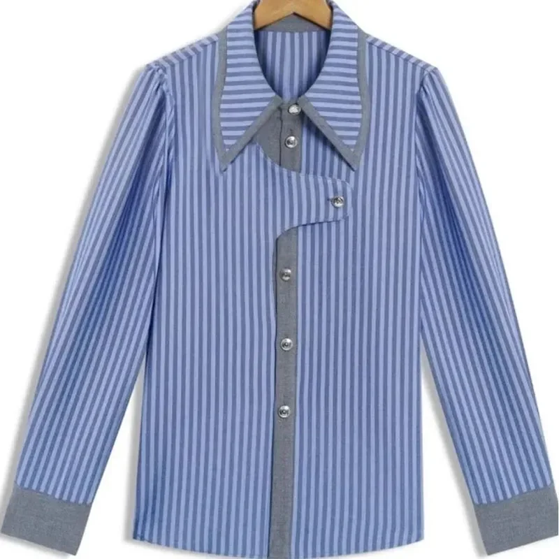 LIBIELIY 2025 New Female High-quality Stripe Assorted Colors Shirt Tops Spring Women Blue Long Sleeved Blouse Coat Ladies Blouse