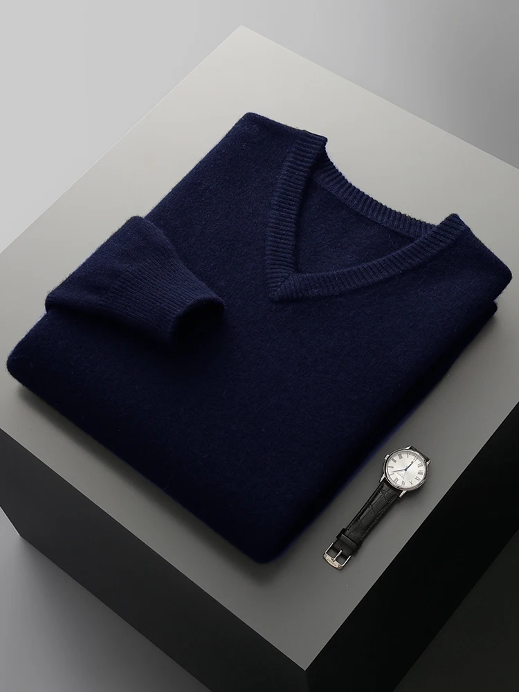 Thick Men's 100% Merino Wool Cashmere V-neck Sweater Pullover Smart Casual Basic Long Sleeve Knitwear Clothes Tops Autumn Winter