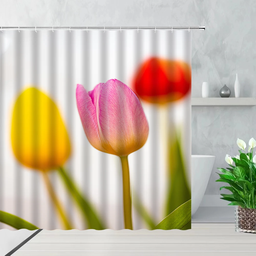 

Home Decor Tulip Rose Fresh Flowers Shower Curtains Watercolor Floral Plant Leaves Print Bathroom Decor Bath Screen With Hooks