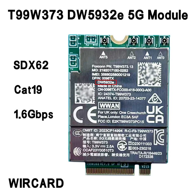 New DW5932e DW5932e-eSIM T99W373 SDX62 Global 5G Modem LTE Cat19 M2 Wireless WWAN For Latitude 7350 7450 7650 9450