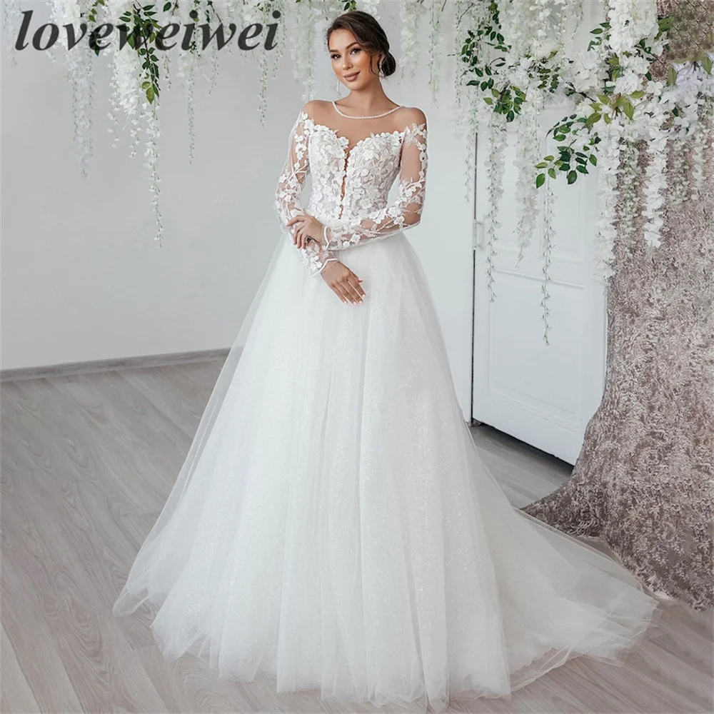 Vestidos De Noiva De Tule Espumante De Manga Longa, Laço Floral, Vestido De Noiva Frisado A Linha, Elegante Vestido De Noiva, Tamanho Personalizado