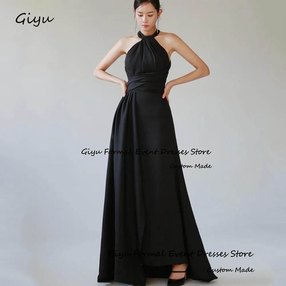 

Giyu Black A-line Korea Wedding Dress Photo Shoot Halter Floor-Length Evening Gown Dress Sleeveless Birthday Party Dress