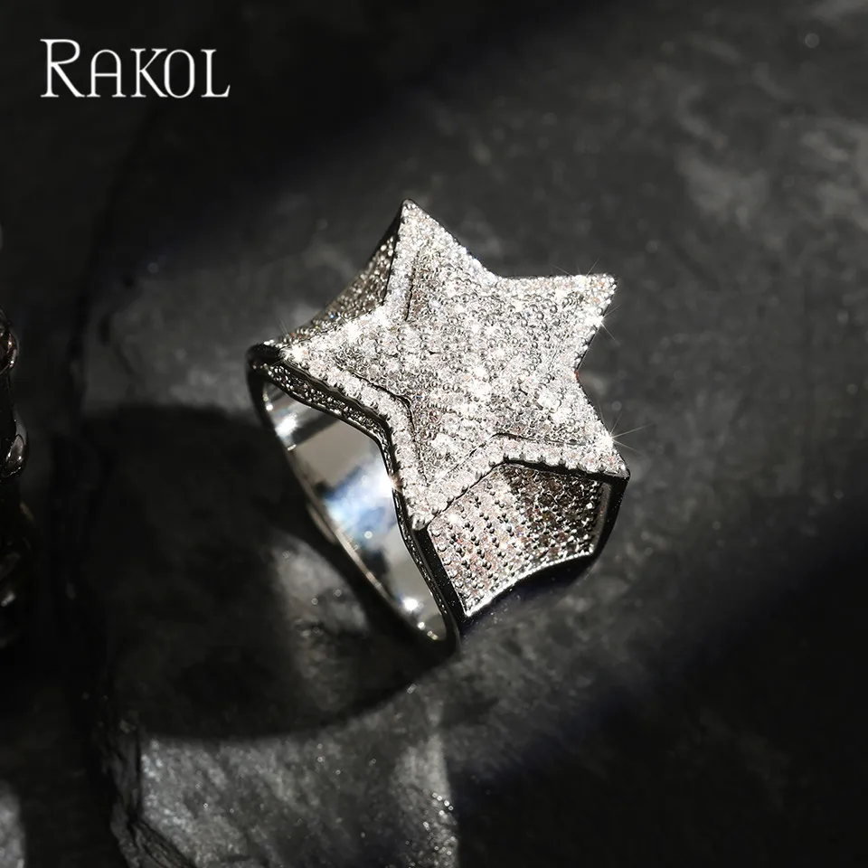 

RAKOL Luxury Star Full Zircon Rings For Man Women Silver Gold Color Five Pointed Star Ring Shine Hip Hop Jewlery Gifts