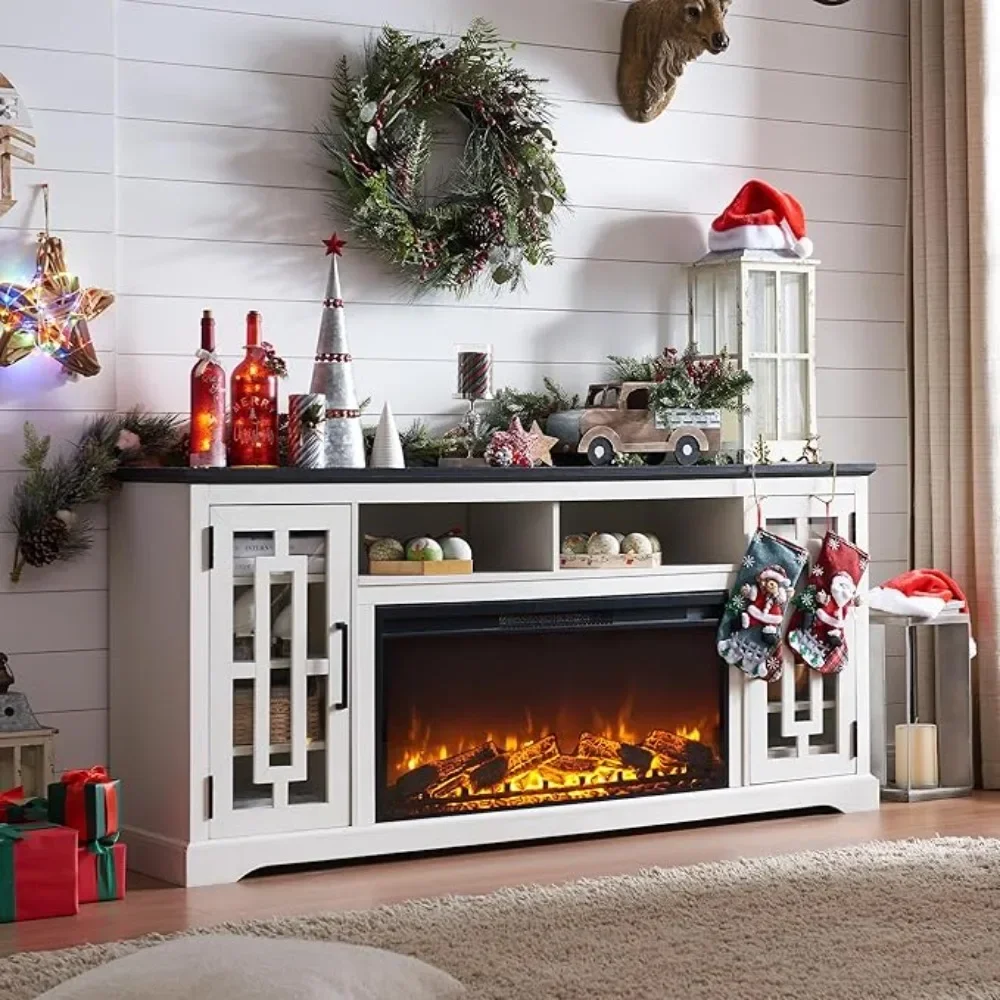 

Farmhouse Fireplace TV Stand with 36" Electric Fireplace for 80 Inch TV, 32" Tall Entertainment Center, 6 Shelves White