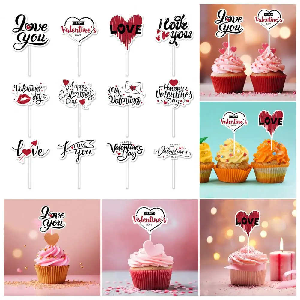 12Pcs Cupcake Toppers Heart Shape Letter Print Cake Topper Decoration Sweet Valentine Day Food Appetizer Stand Cake Topper