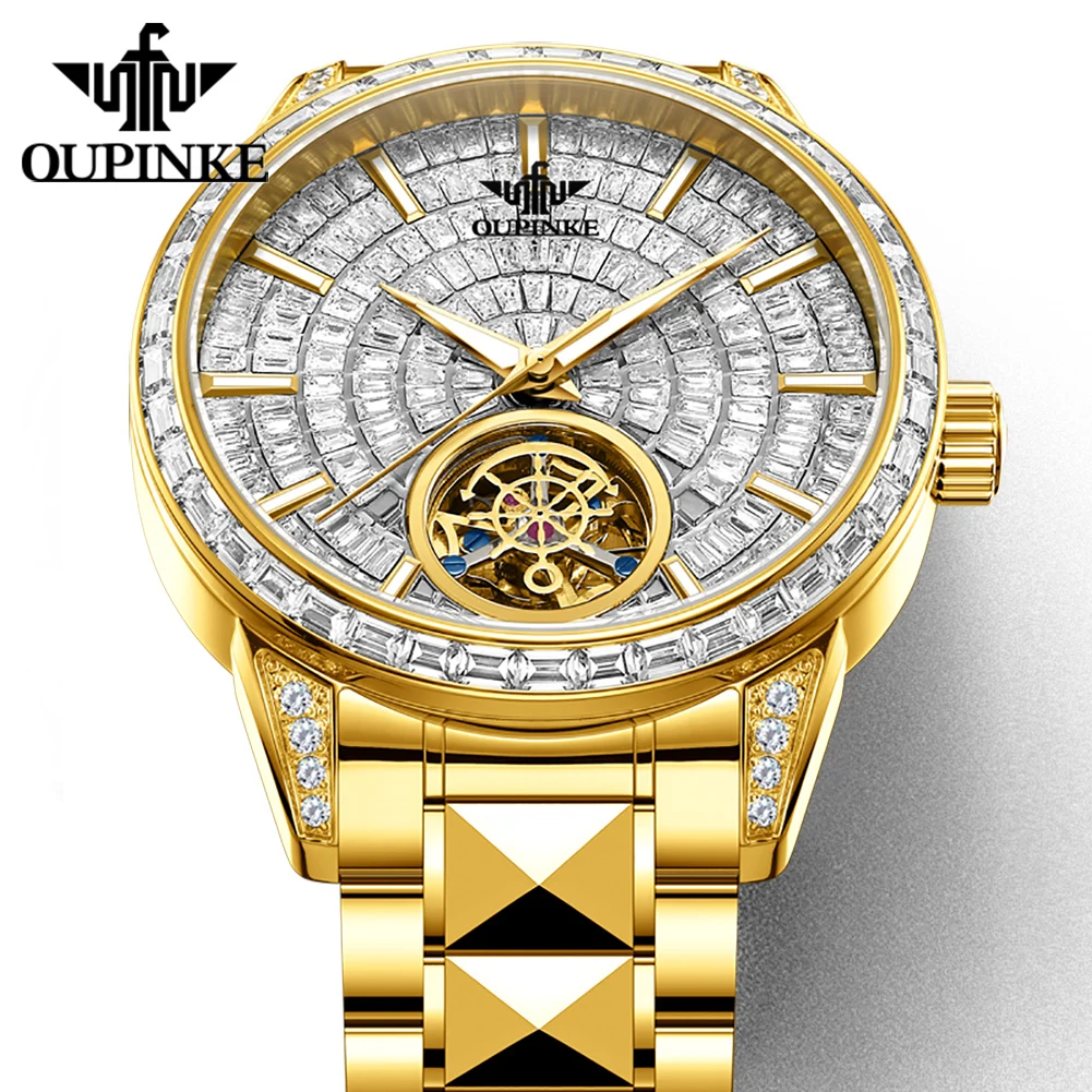 OUPINKE 3321 Automatic Mechanical Watches Full Diamond Dial Sapphire Crystal 50M Waterproof Tungsten Steel Luxury Business Watch
