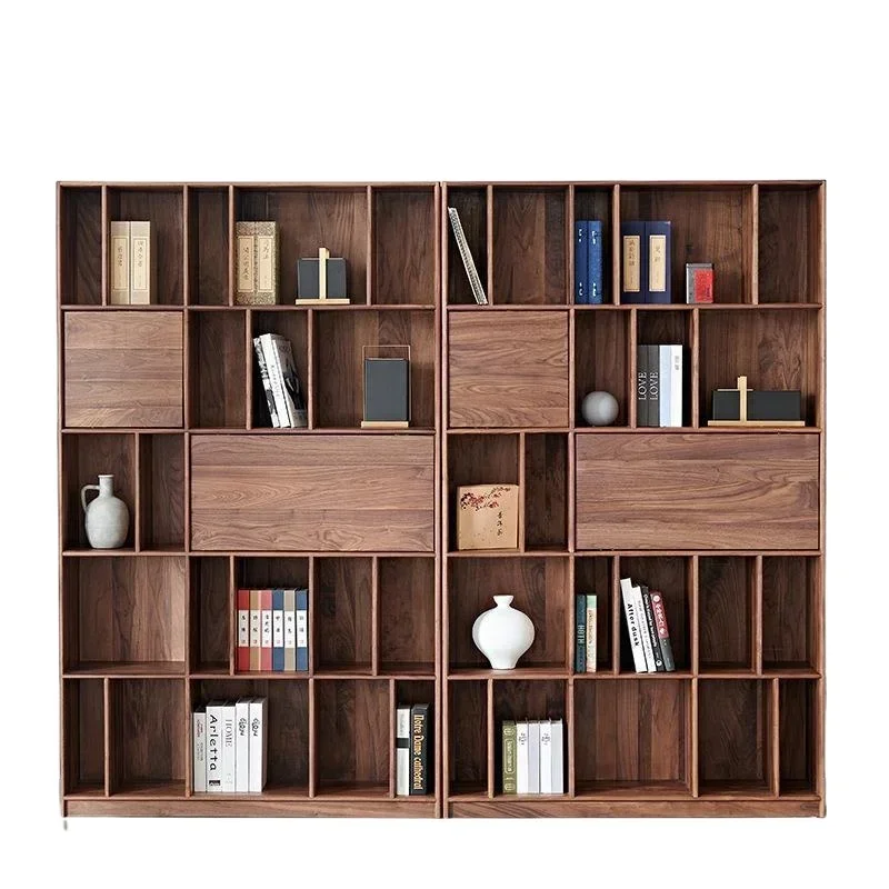 Libreria nordamericana in noce nera interamente in legno massello di lusso leggero nordico, espositore moderno e semplice, combinato