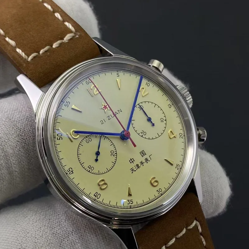 ل 1963 الطيران الطيران كرونوغراف طبق الاصل دليل لف الميكانيكية ساعة رجالي كريم أصفر الفولاذ المقاوم للصدأ مقاوم للماء الرجال #2