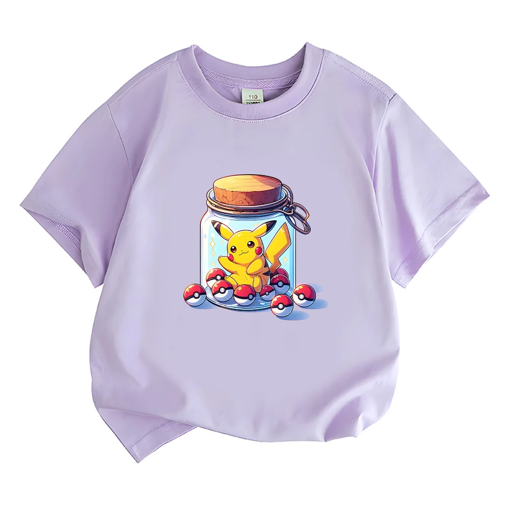 Children's Cotton T-shirts Pikachu Glass Jar Fun Anime Print Tops Tees Kawaii Pikachu Ball Tshirts Summer High Quality Tshirts