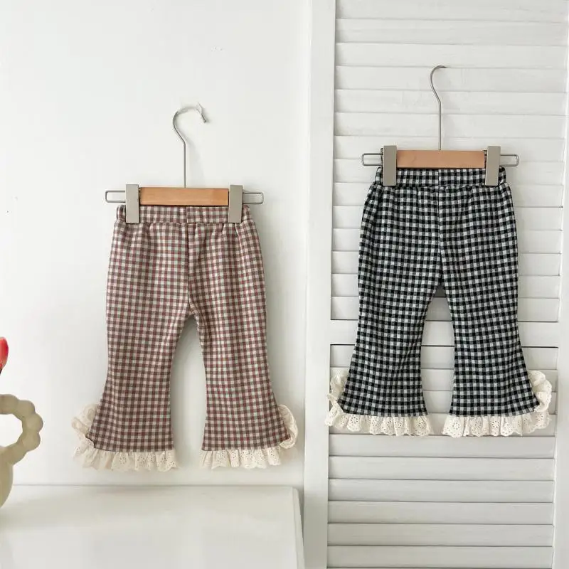 2026 Autumn New Baby Loose Trousers Cotton Girls Cute Plaid Lace Flared Pants Infant Toddler Versatile Casual Pants Kids Clothes