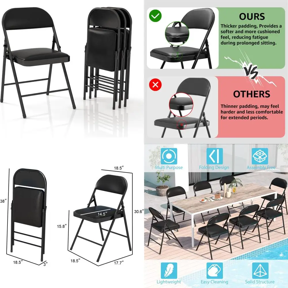 طقم كراسي مبطنة قابلة للطي مكونة من 4 قطع للاستخدام المنزلي والمكتب والخارجي باللون الأسود #1