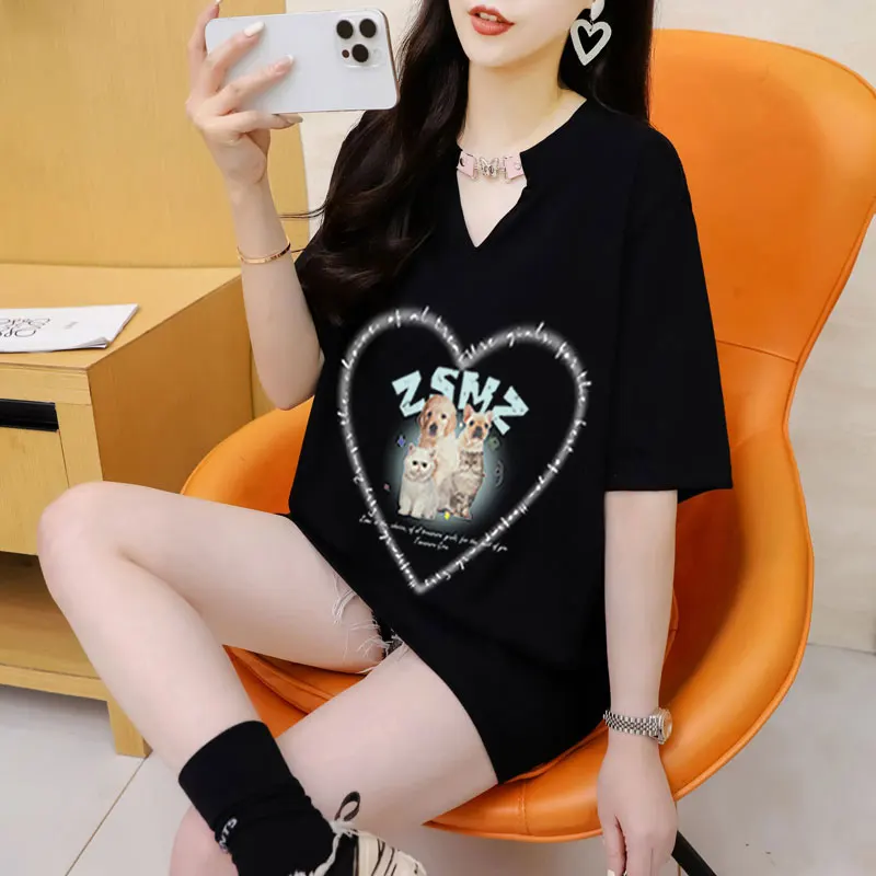 Cotton V-neck Leather Button Short Sleeve T-shirt Women's Summer Korean Version Loose Cute Puppy Top