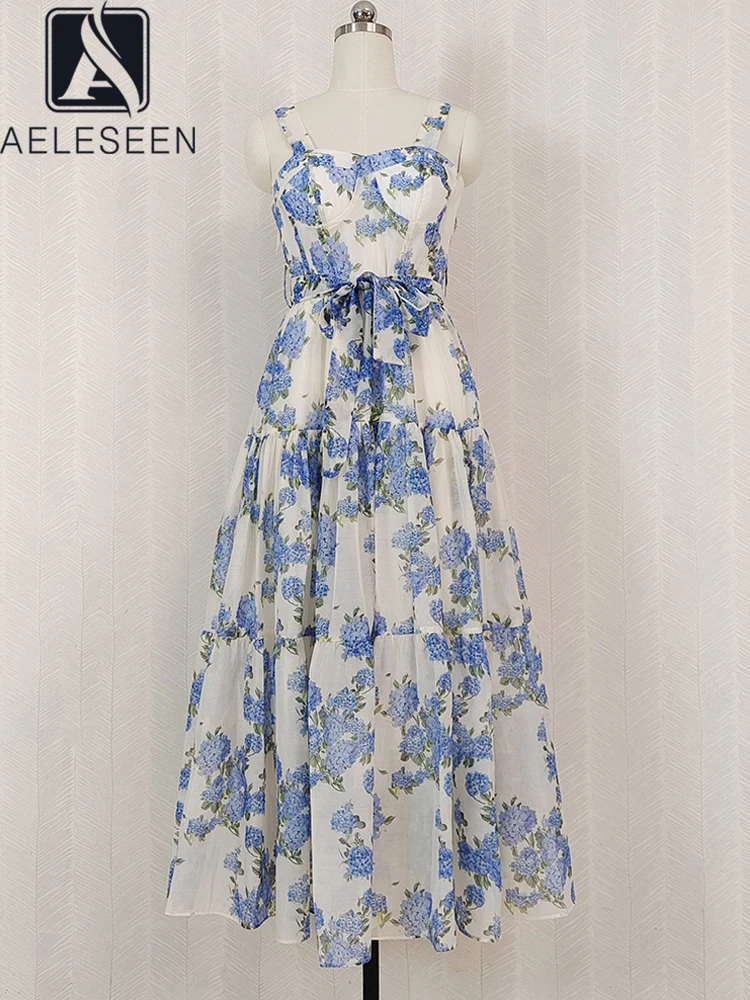 

AELESEEN Sicily Summer Long Dress Women's Spaghetti Strap Blue Floral Print Belt High Waist Elegant Beach Party Holiday