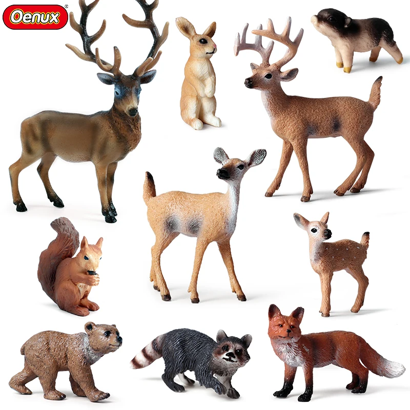 Oenux 10PCS Forest Wild Animals Model Set Deer Fox Squirrel Rabbit Action Figures Miniature Cute Cake Toppers Xmas Gift Kids Toy