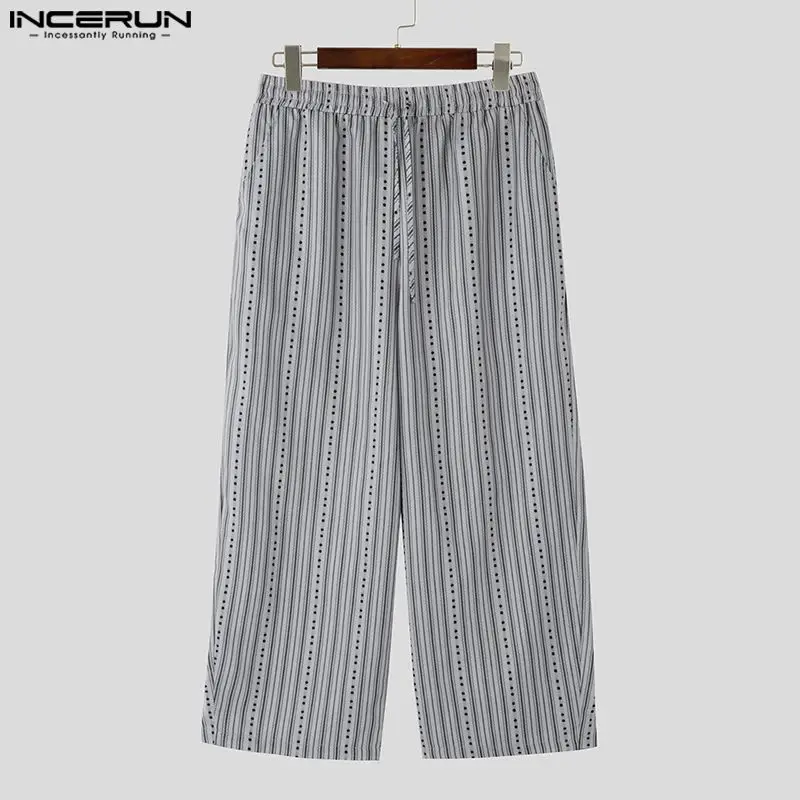 INCERUN Men Long Pants Stripe Stitching Trousers StreetWear Male Vintage Style Bottoms Wide Leg  Elastic Waist Simple Trousers