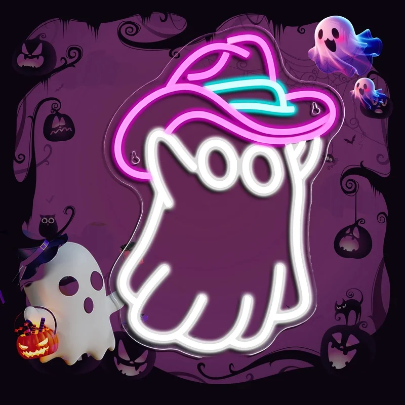 

Halloween Cowboy Hat Ghost Neon Sign For Wall Decor Halloween Neon Signs for Children's Bedroom Party Decor Halloween Gifts