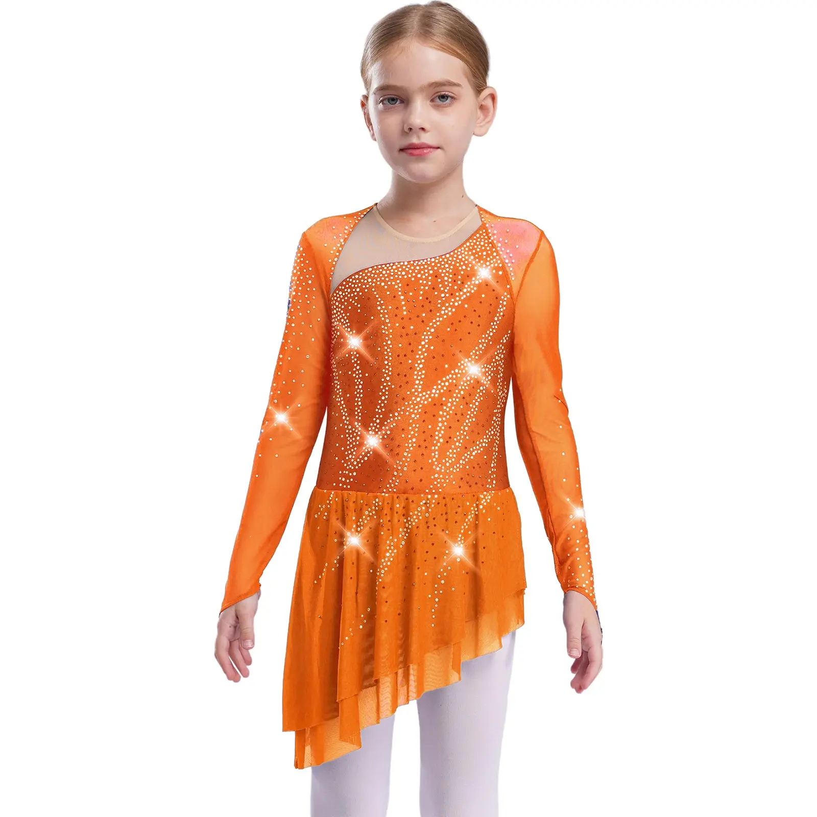 Mädchen Gymnastik Eiskunstlauf Modernes Ballett-Trikot Lyrisches Tanzkostüm Transparentes Netz Glitzernde Strass-Leotards Kleid – Detail 3