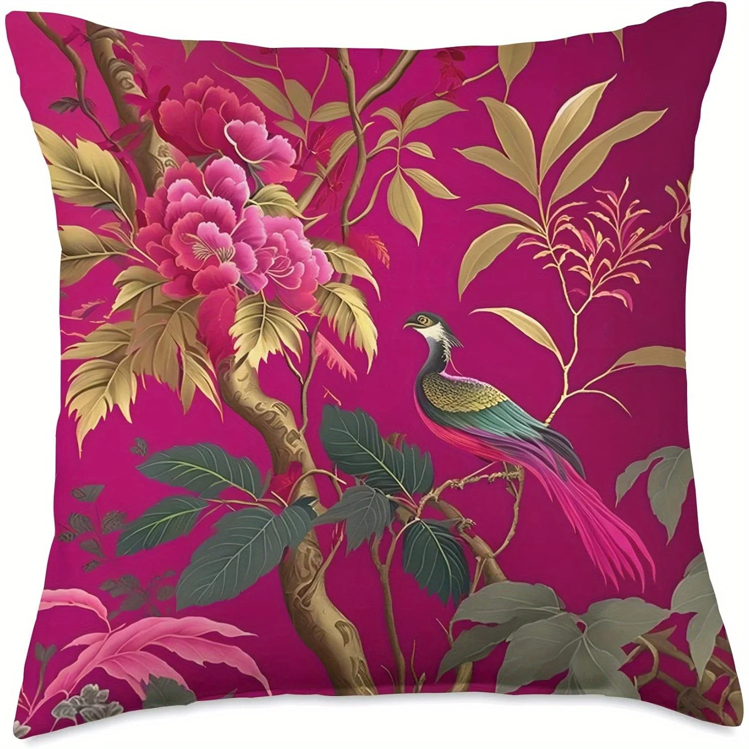 1Pc Vintage Floral Bird Cushion Cover Magenta Peony Parrot Pillowcase For Sofa Bed Living Room Decorative Throw Case Home Decora
