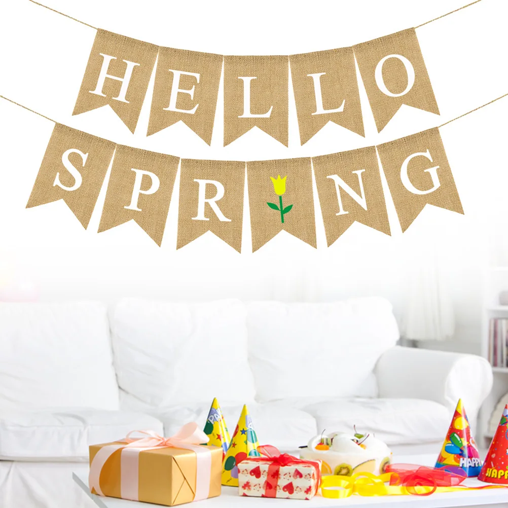 

Hello Spring Letters Colorful Burlap Banner Linen Bunting Spring Swallowtail Flag Party Decoration Indoor Outdoor Hanging