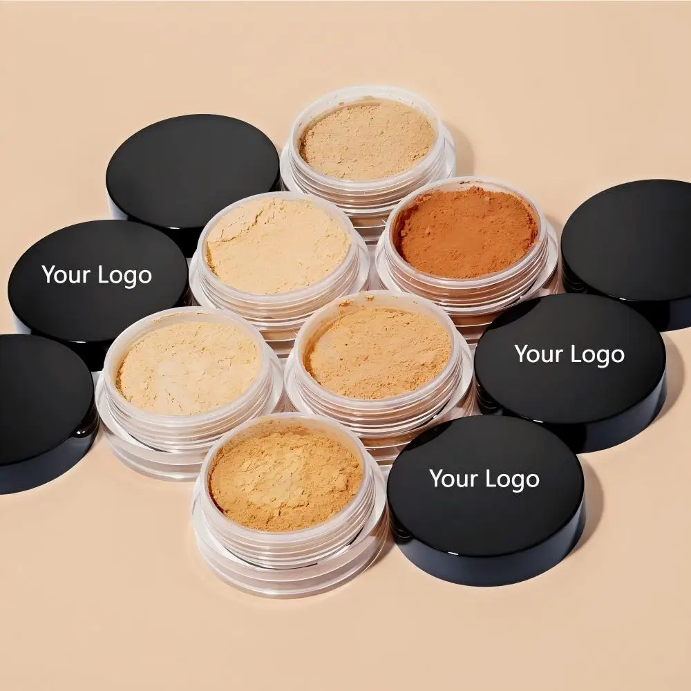 Trucco Cipria fissante sciolta Cosmetici di etichetta privata Polvere di finitura opaca all'ingrosso impermeabile per pelle scura con soffio
