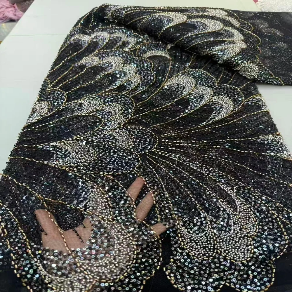 

Высокое качество, африканская вышивка блестками, кружевная Лидер продаж, французская нигерийская роскошная кружевная ткань с бусинами для шитья свадебного платья