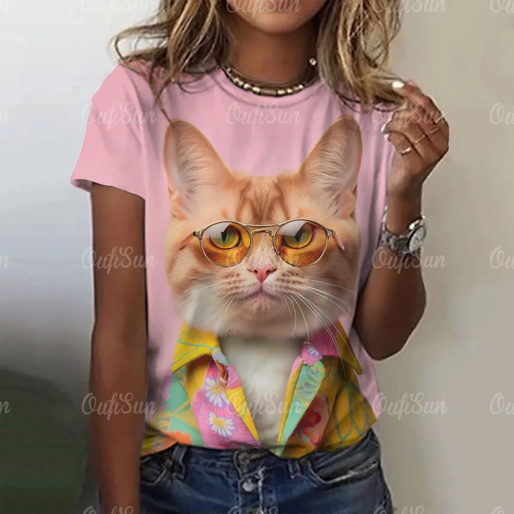 女性用3D猫柄Tシャツ,半袖トップス,カジュアル原宿ファッション,ルーズなストリートスタイル,楽しい動物パターン