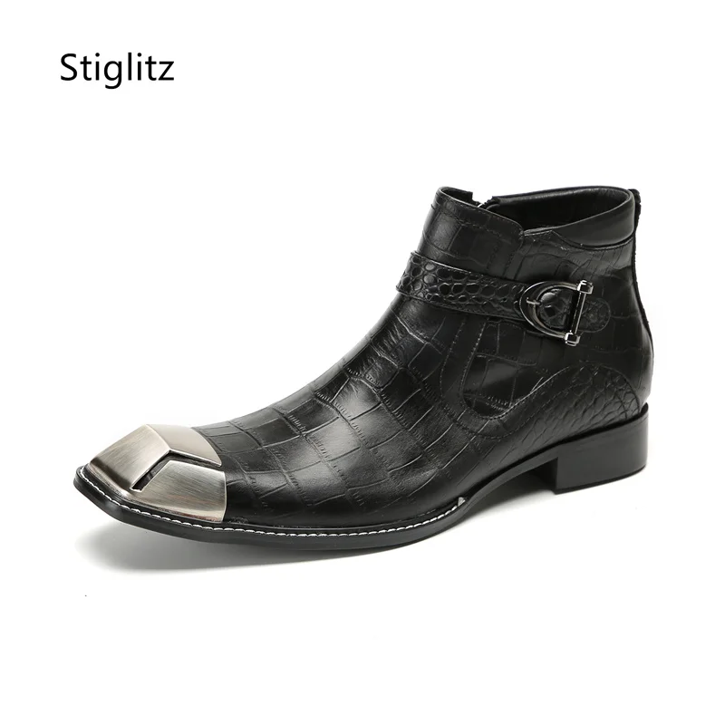 Square Toe Ankle Boots Buckle Strap Genuine Leather Men's Boots Metal Head Side Zipper Black Wedding Office Shoes Wear-Resistant