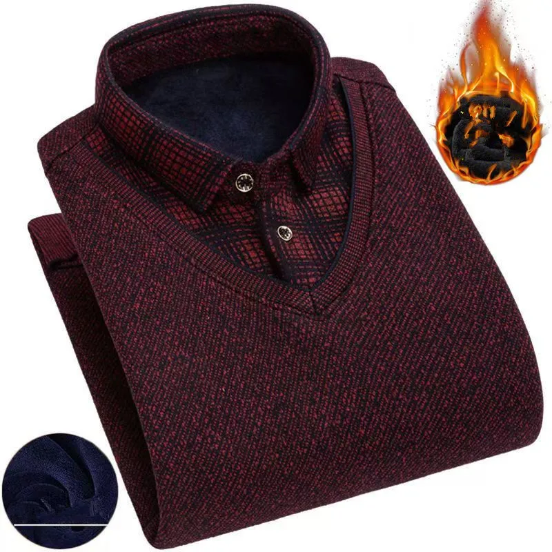 2025 Winter fleece and thickened men's sweater, long-sleeved shirt with collar, middle-aged knitted base shirt, 6 colors