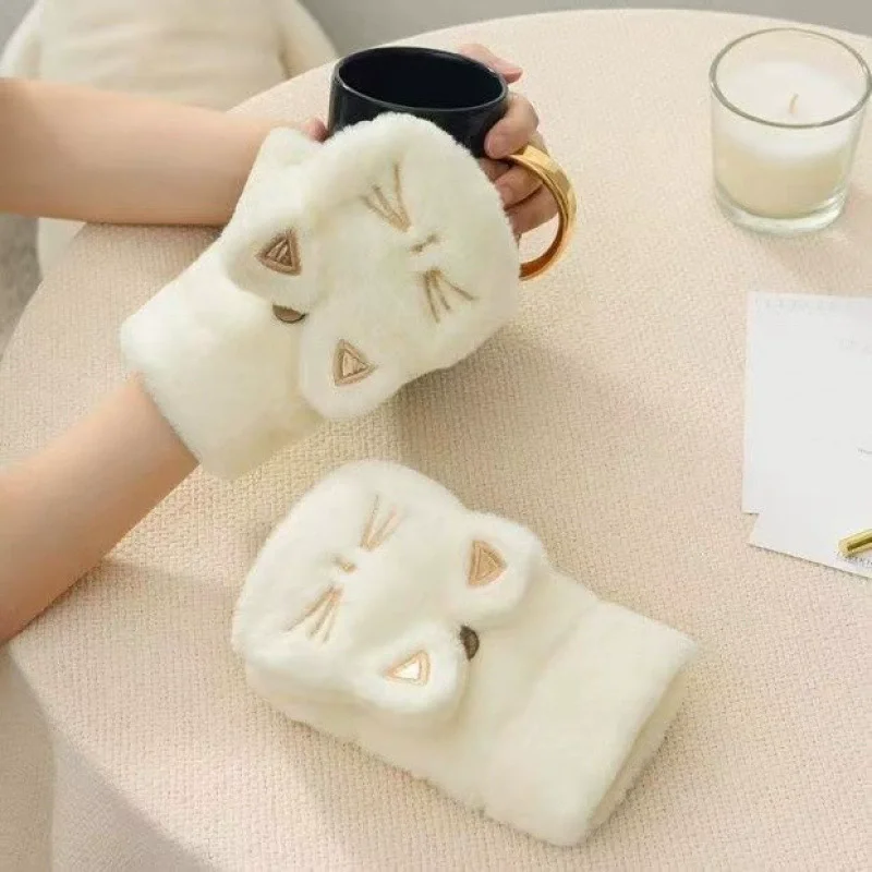 Cute Cat Plush Mittens Korean Style Thickened Fingerless Gloves Touchscreen Compatible Women Warm Flip Cover Plush Handwear