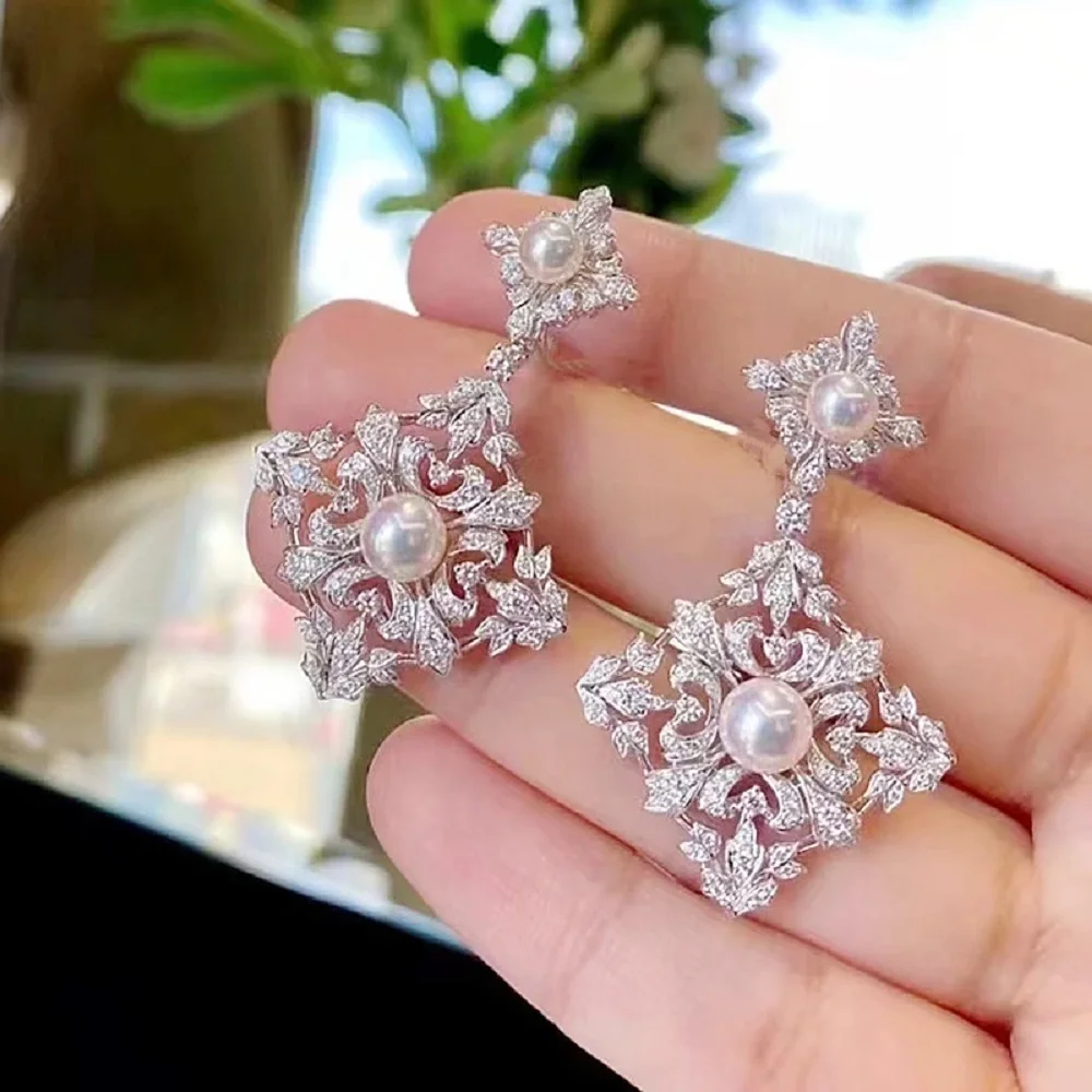 

Natural Round Bead Fashion Flower Pendant Earrings 925s Double Pearl AAAA5-6mm+6-7mm Earrings