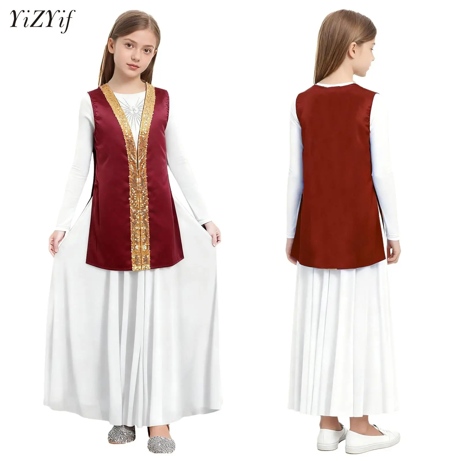 

Girls Church Choir Worship Praise Dance Robe Dress Long Sleeve Metallic Gown Halloween Christian Pastor Priest Cosplay Costume