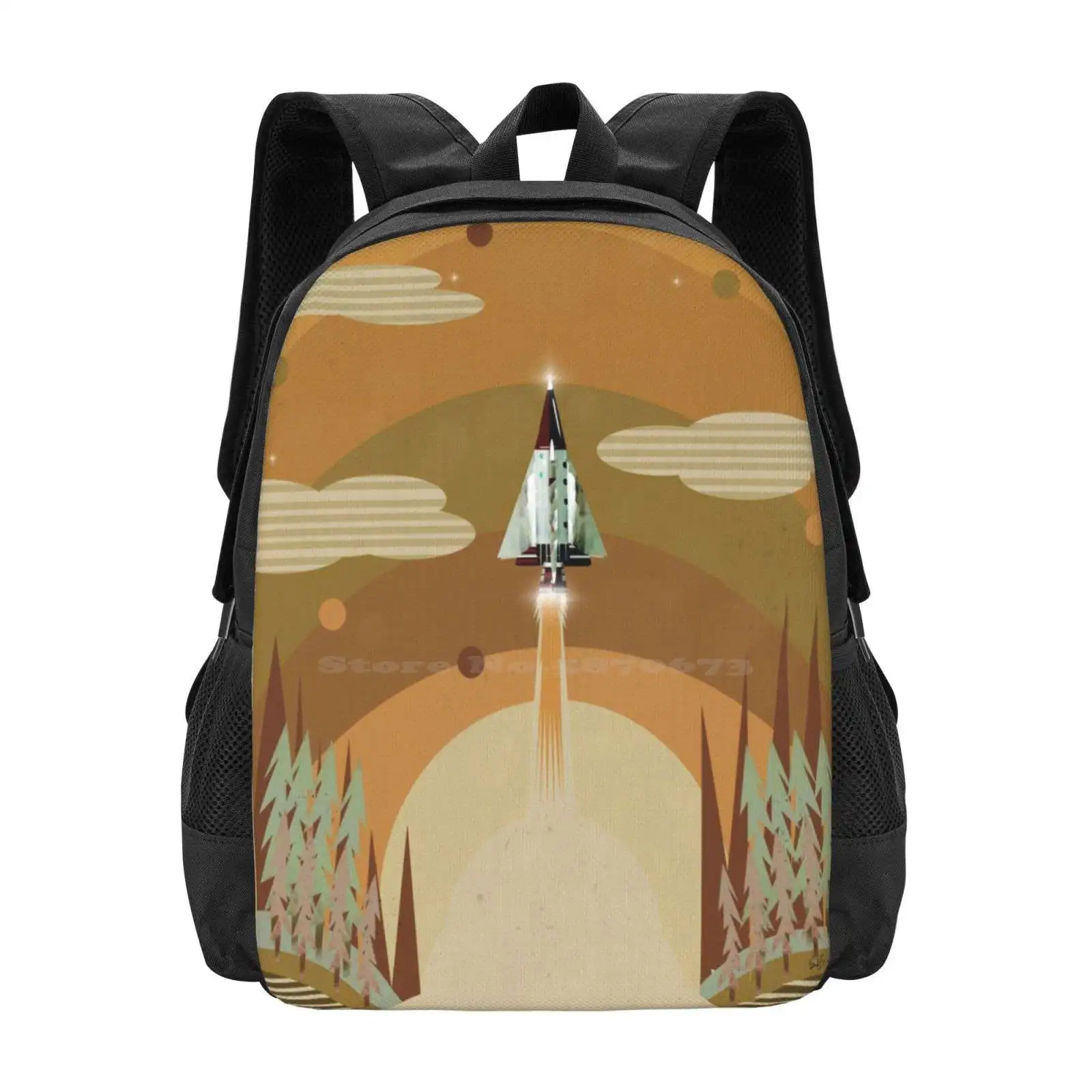 The Adventure Continues 3D Print Design Backpack Student Bag Spaceships Rockets Space Travel Spaceman Retro Solar System Dorm