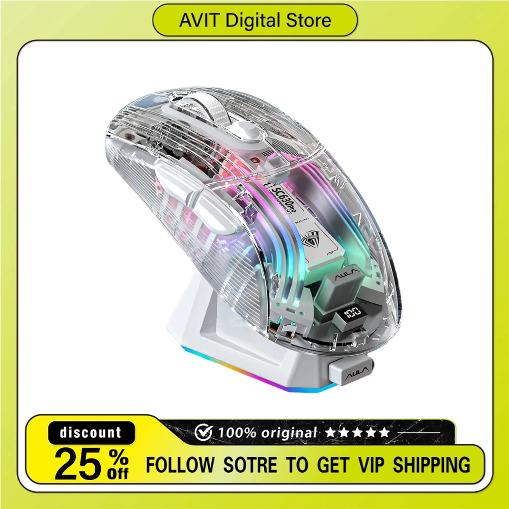 

Беспроводная прозрачная мышь AULA SC630PRO с тремя режимами работы, эргономичная, настраиваемая, для киберспорта, с RGB-подсветкой и магнитной зарядной базой