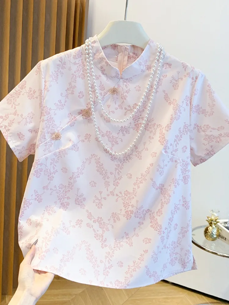 Haut brodé rétro rose à col montant, style national, pour femme, été, nouvelle collection, style chinois moderne