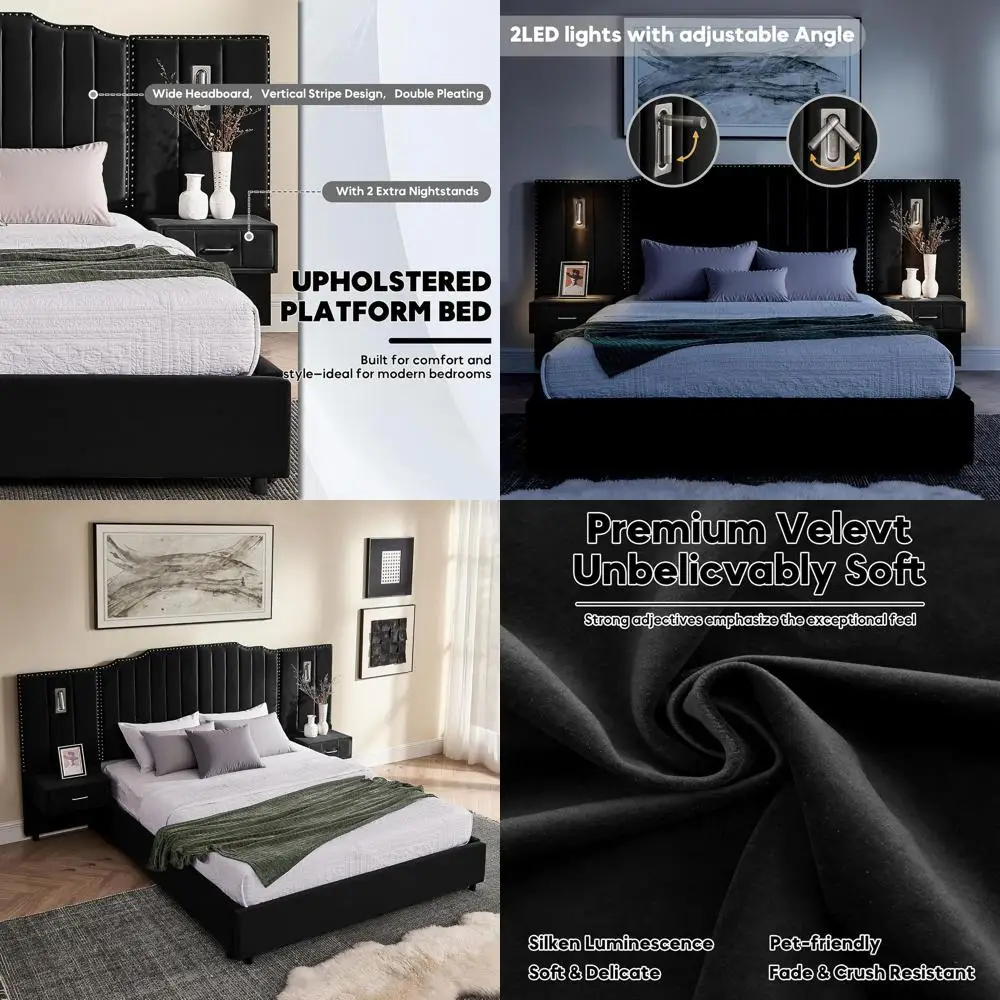 

Роскошная кровать VYNELITO размера Queen с бархатной отделкой, обитой обивкой, LED-подсветкой, прикроватными тумбочками, без пружинного блока, черная