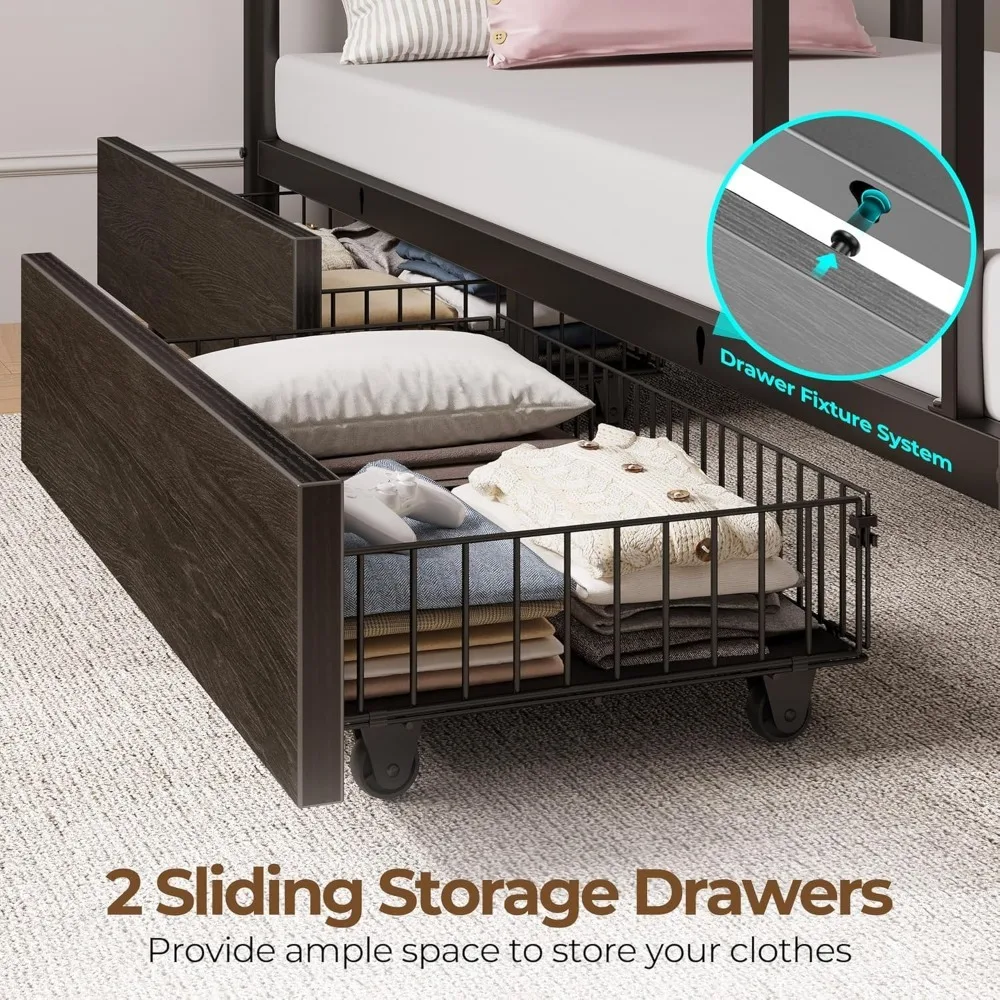 Metal Bunk Bed Twin Over Twin with USB Charging Station, LED Bunk Bed with 2 Storage Drawers,Bed with Safety Guardrail & Ladders