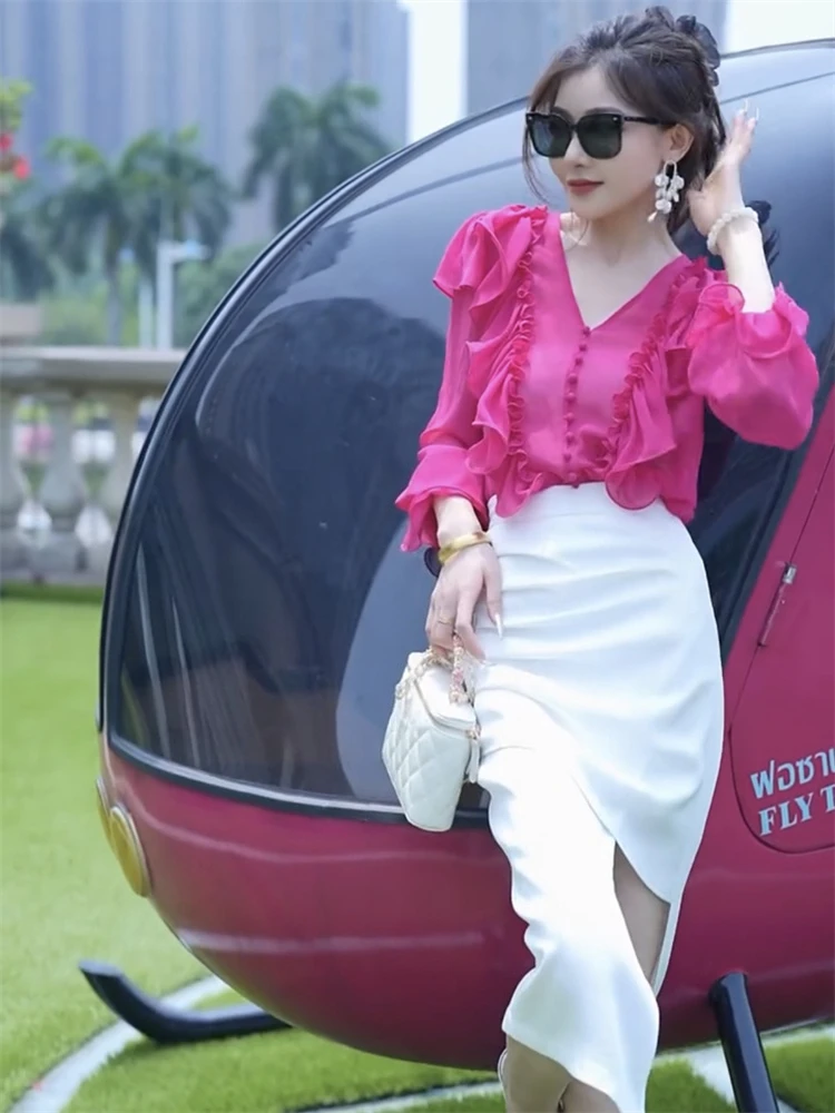 

Trendy 2026 Korean Fashion 2 Piece Dress for Women V Neck Top with Frill Detail and A Line Midi Skirt Elegant Streetwear​