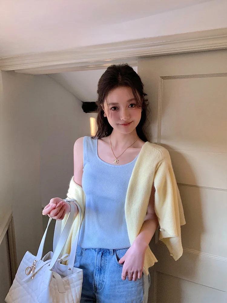 

Женский топ-майка с U-образным вырезом из шерстяной смеси, 6-игольная тонкая вязка, повседневный, комфортный, свободный крой, цвет весенней коллекции