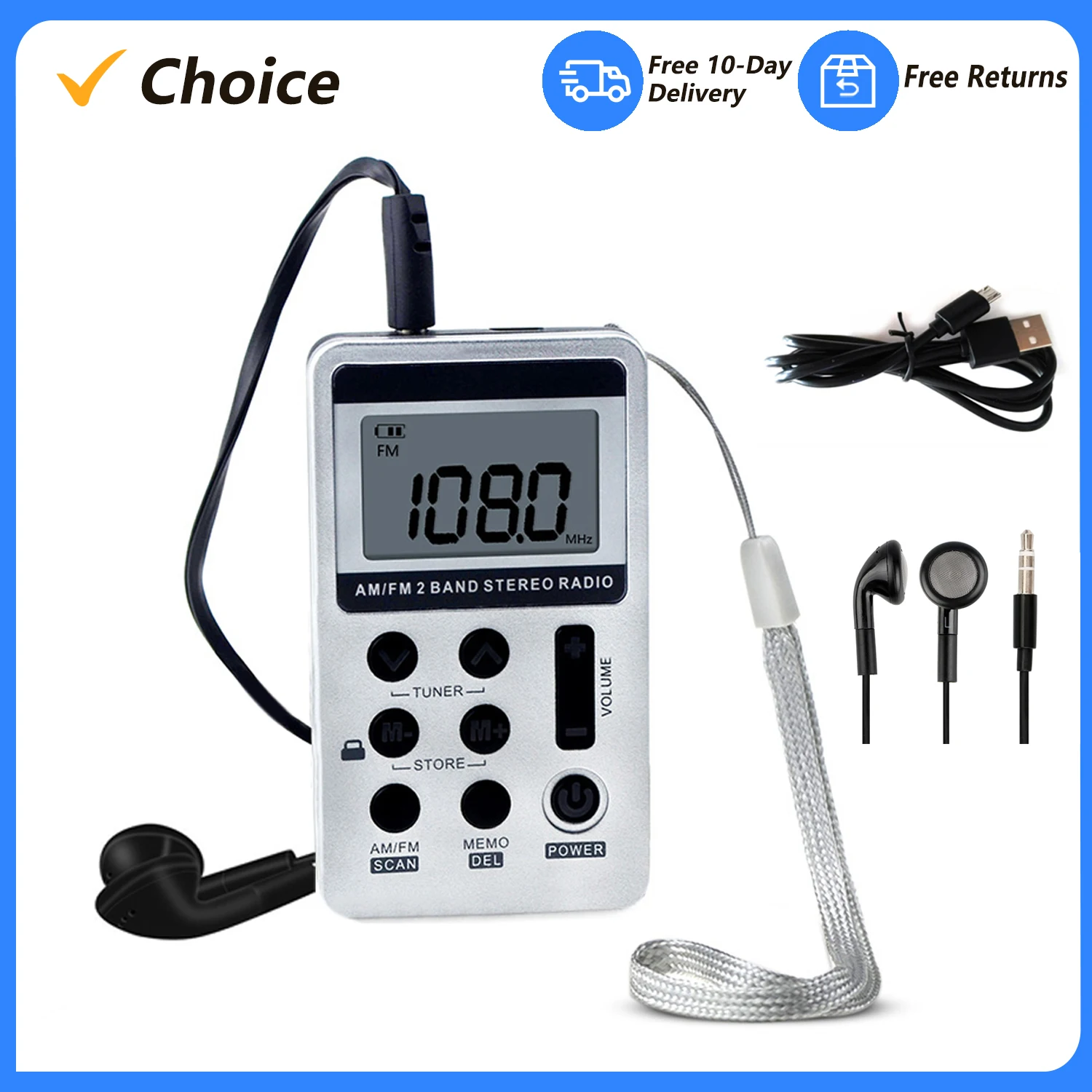 HanrongDa-Rádio FM Digital Portátil, Receptor Estéreo 2 Banda, Rádio de Bolso com Fones De Ouvido, Tela LCD, Bateria Lanyard, HRD-103