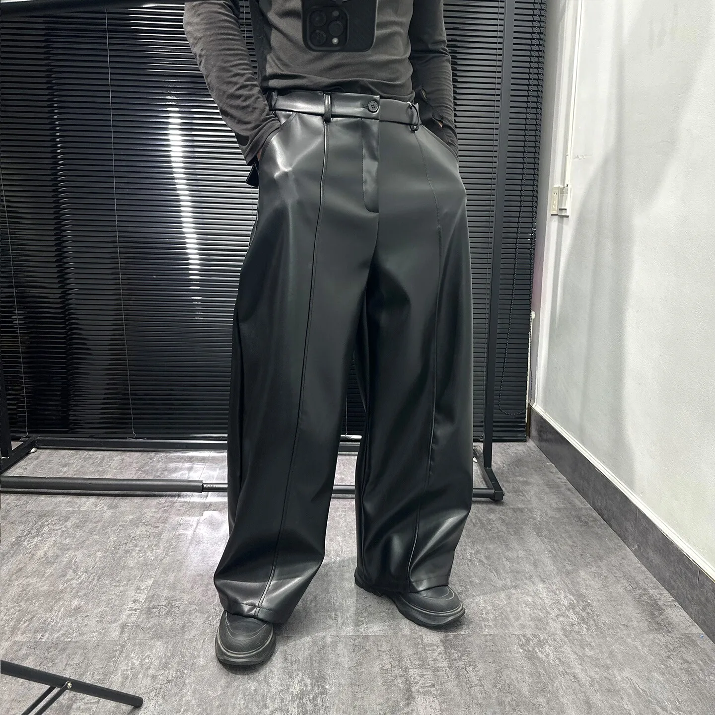Avant-Garde  Minority Cool Black Minimalist Style Leather Pants Men's Loose Casual Trousers Trendy High-Grade Wide-Leg