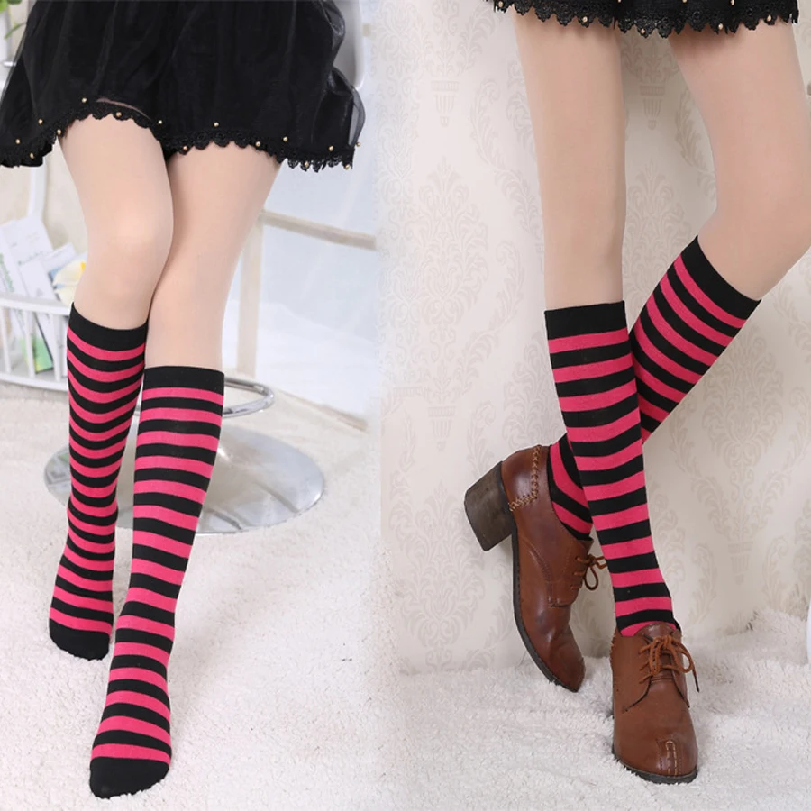 1 Paar kniehohe Damensocken, Oberschenkelsocken, niedlich, grün, weiß, rot, lila gestreift, sexy, schmal geschnittene, lange Röhrensocken – Detail 11