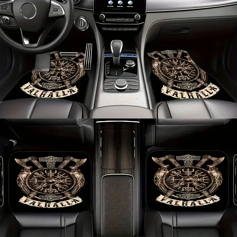 

4pcs Viking-Inspired Car Floor Mats - Durable Polyester, Universal Fit For All Vehicles, Seasonal Comfort, Stylish And Protectiv